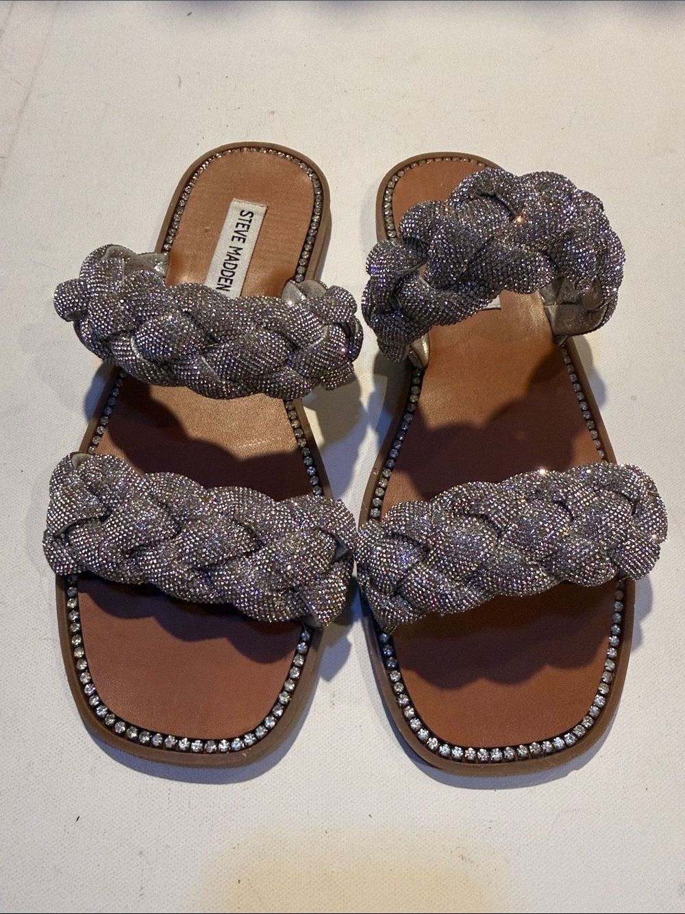 Steve Madden Sparkling Braided Double-Strap Slide Sandals - Silver